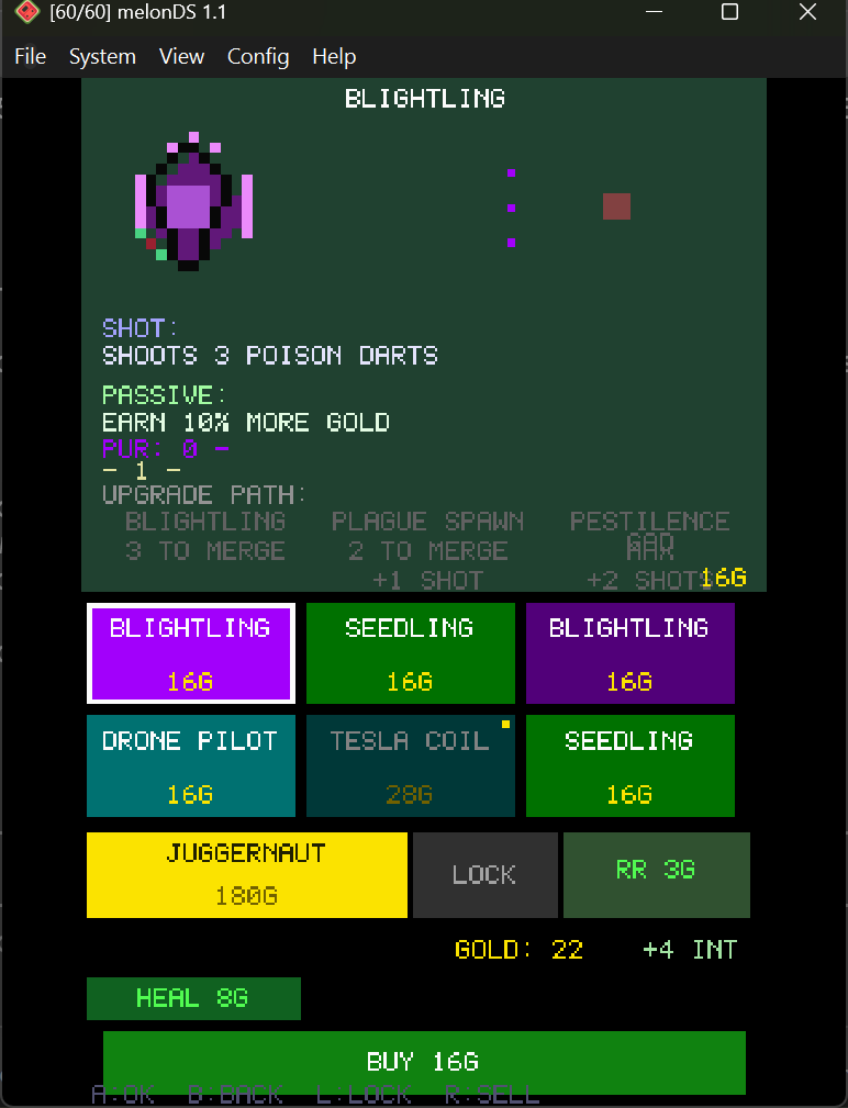 The between-wave shop: companion cards, perks, reroll and merge options on the touch screen.